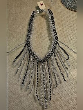 Statement Black and Silver Fringe Chain Necklace